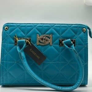 Bebe Blue Quilted Satchel with Gold Hardware